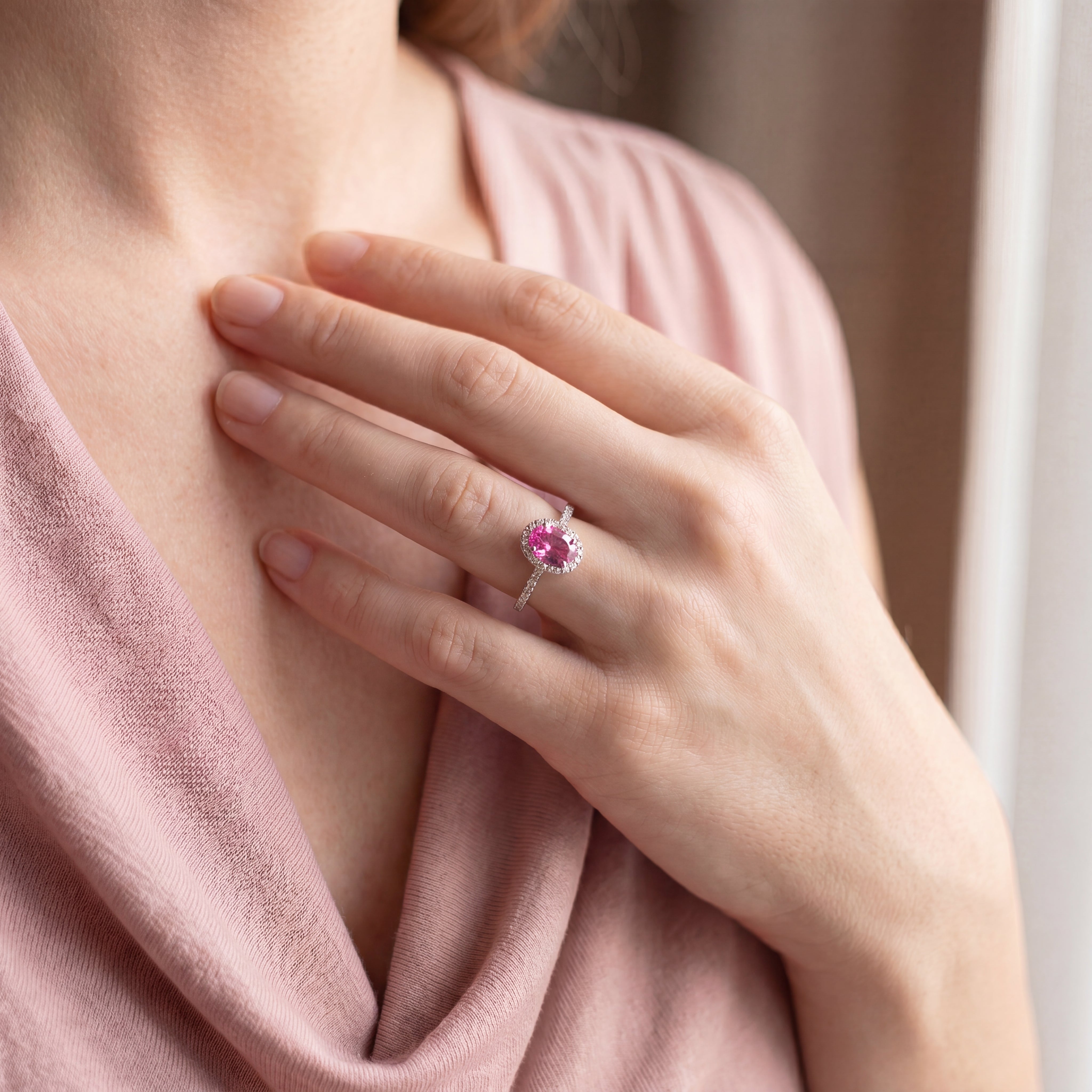 Asha - Oval Hot Pink Sapphire Halo Ring in White Gold