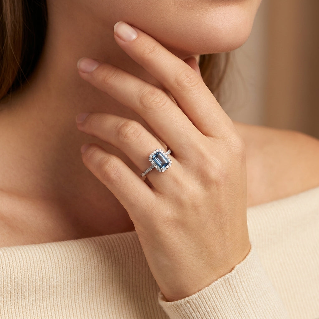 Marina - Medium Blue Sapphire Halo Ring in White Gold