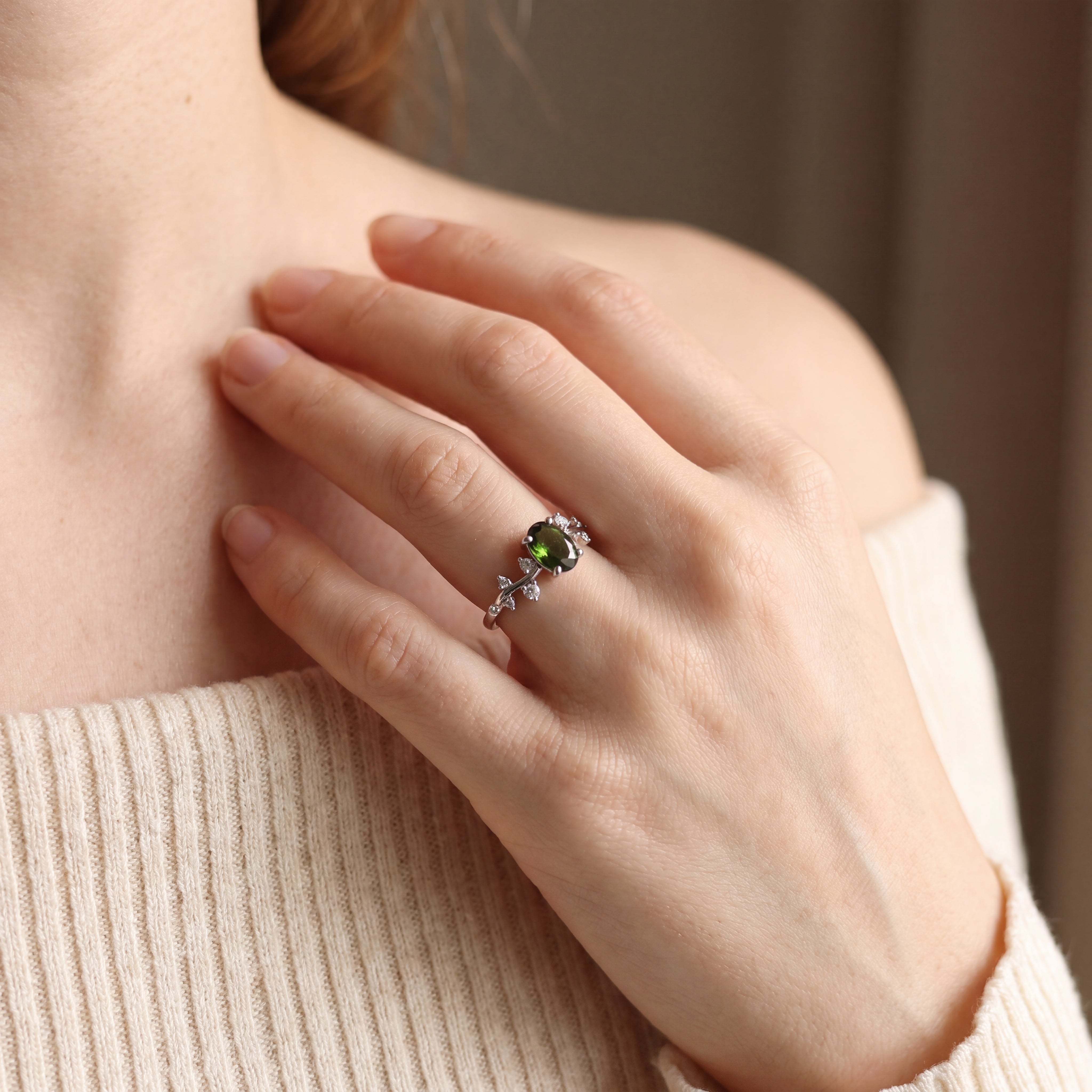 Clover - Green Tourmaline Branch Ring in White Gold