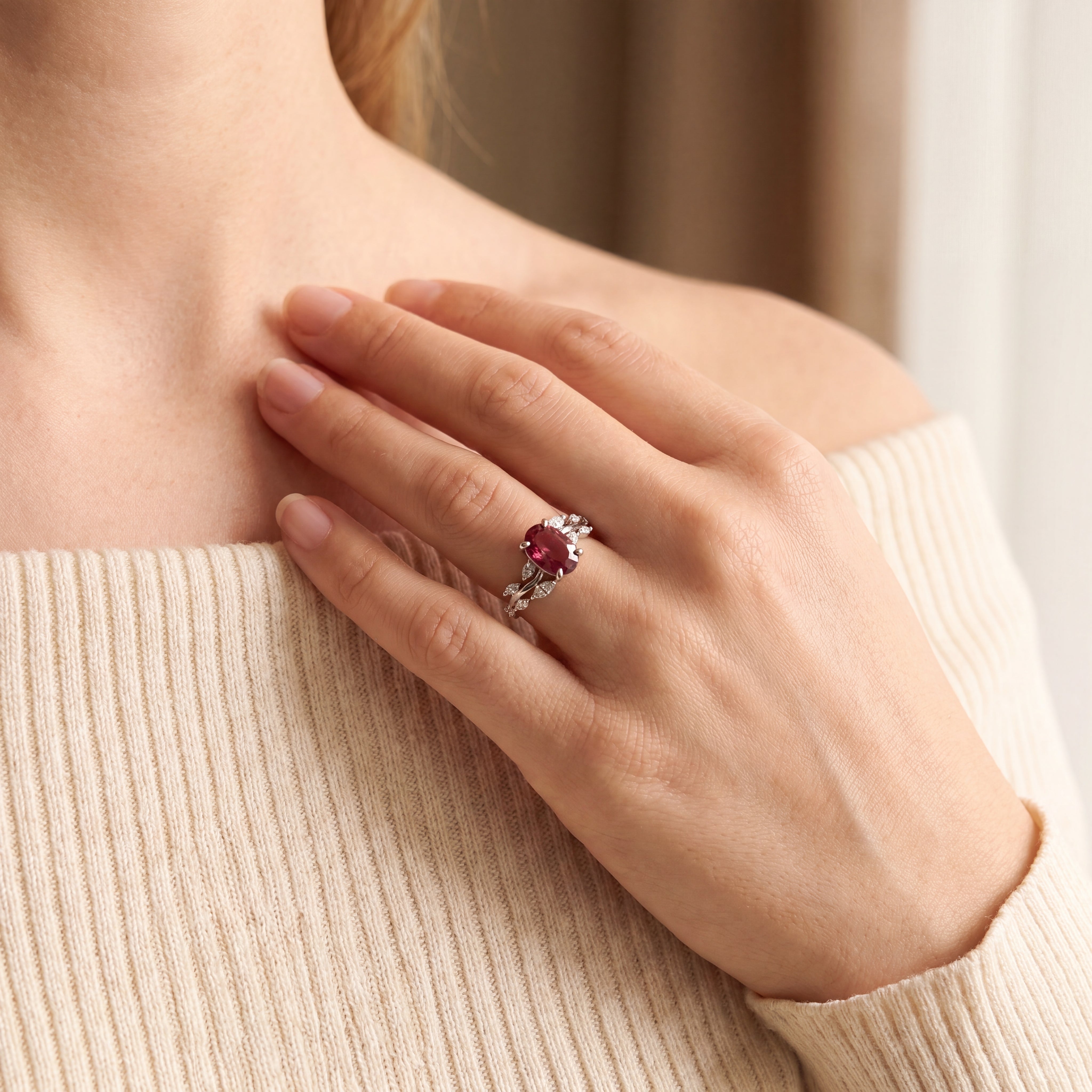 Solana - White Gold Oval Tourmaline Leaf Motif Ring