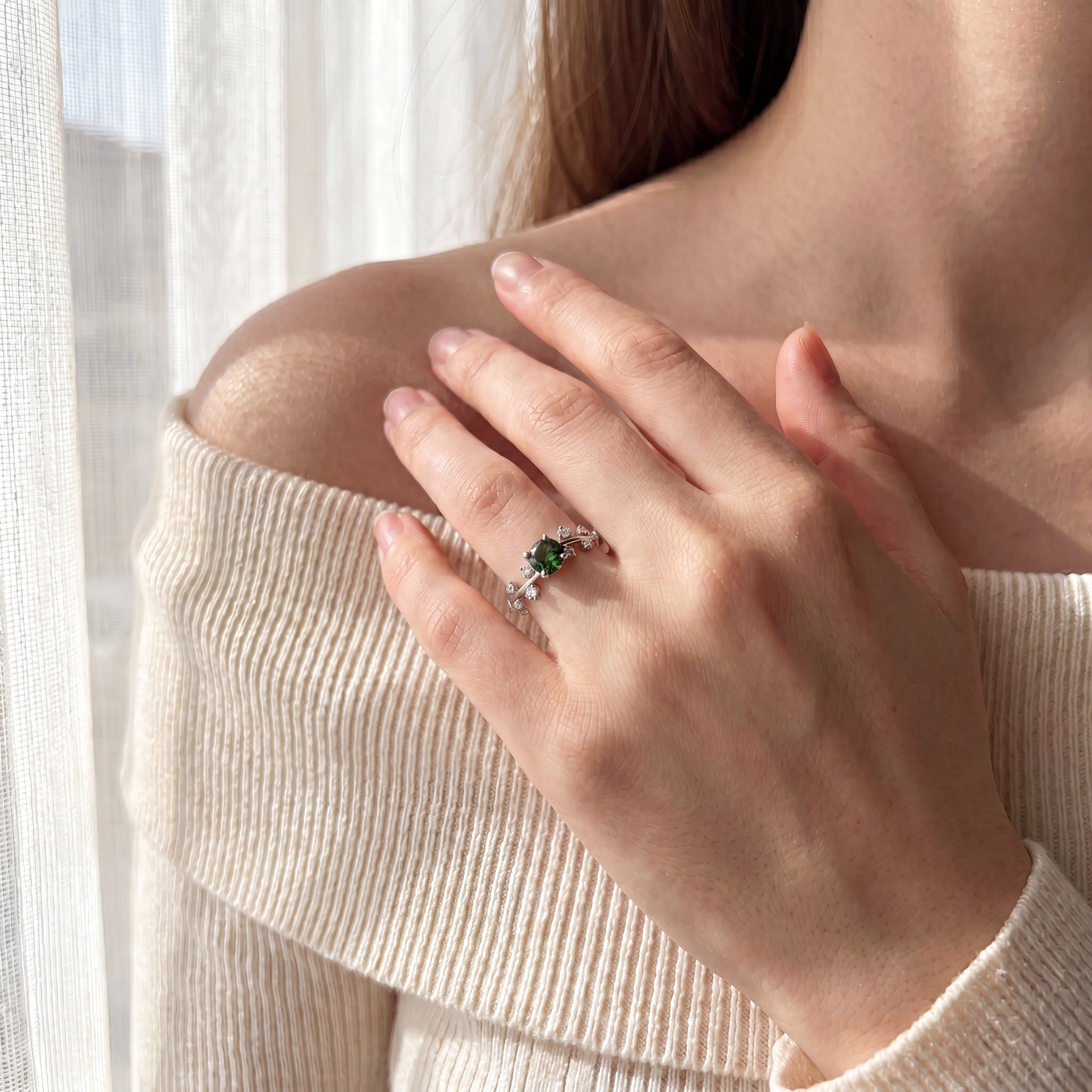 Linnea - Nature-Inspired Green Tourmaline Ring in White Gold