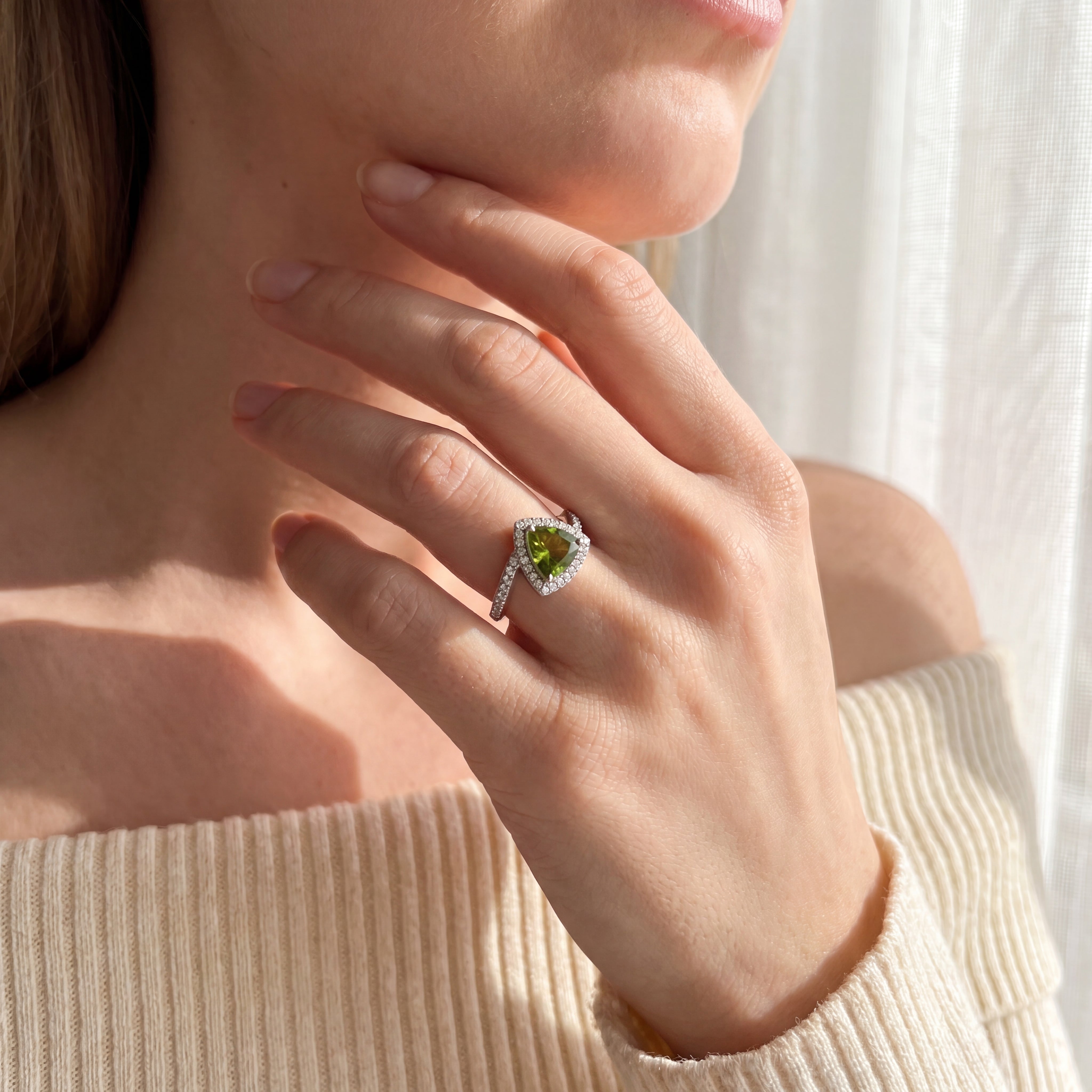Bryony - White gold green Tourmaline Trilliant cut , diamond halo ring