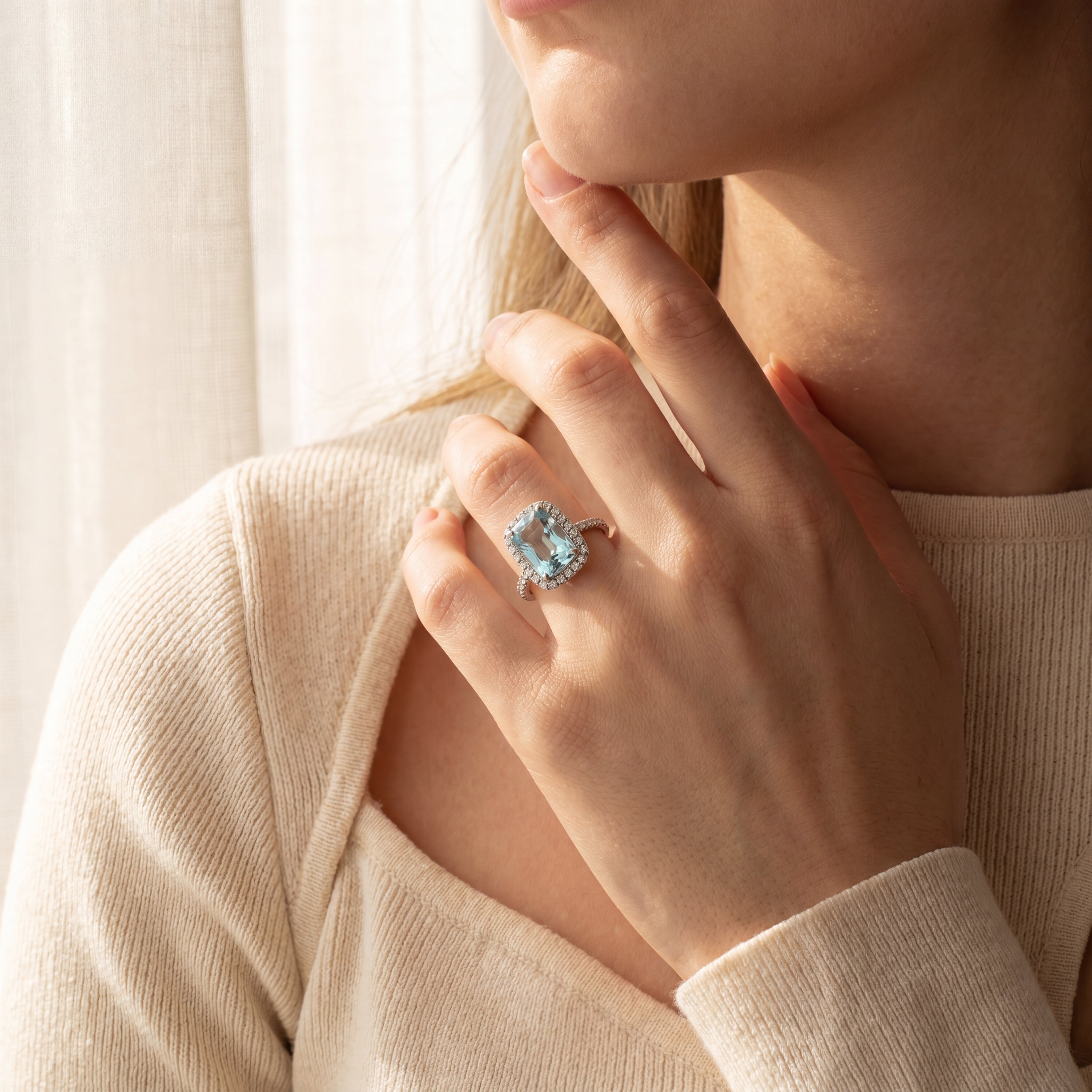 Tallulah - White Gold Cushion Cut Aquamarine Halo Cocktail Ring