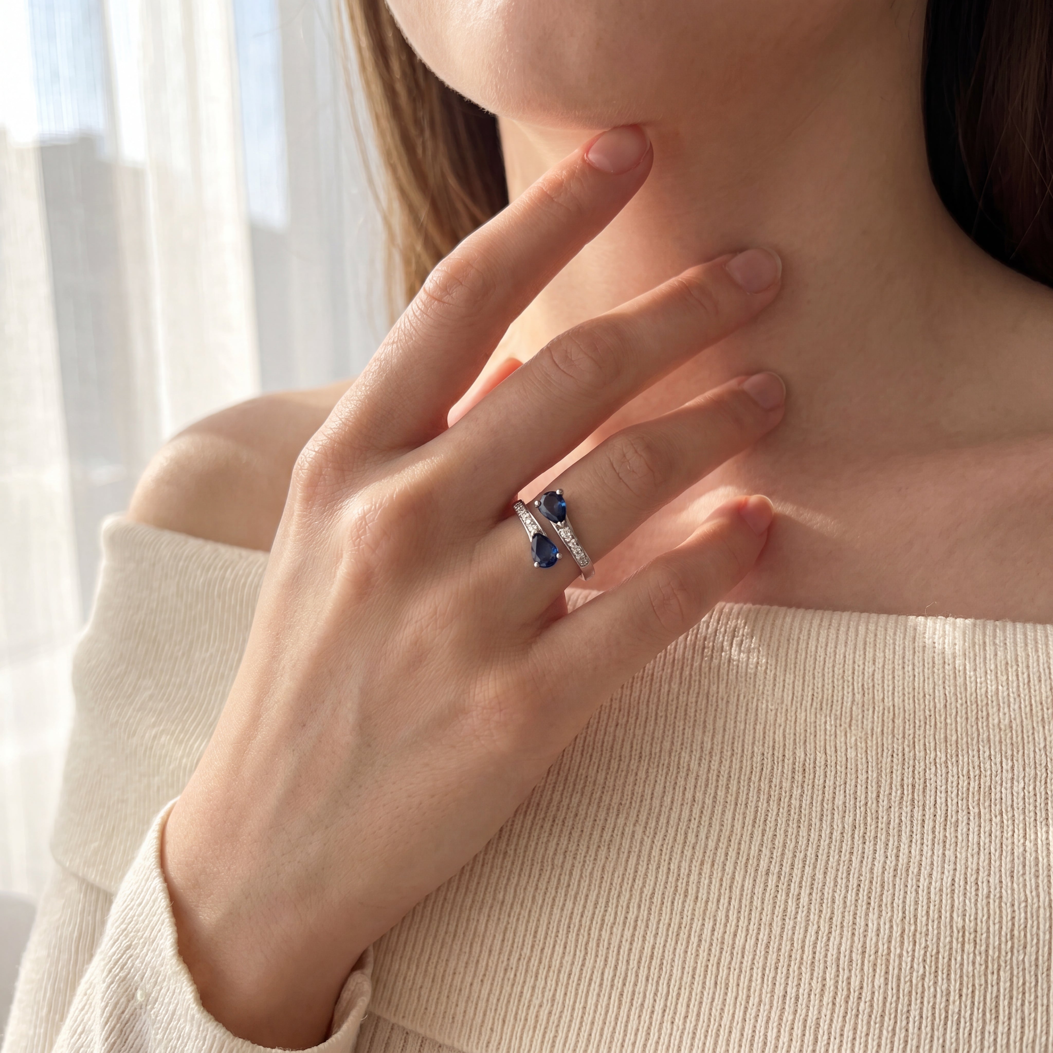 Kailani - White Gold Pear-Cut Royal Blue Sapphire Bypass Ring