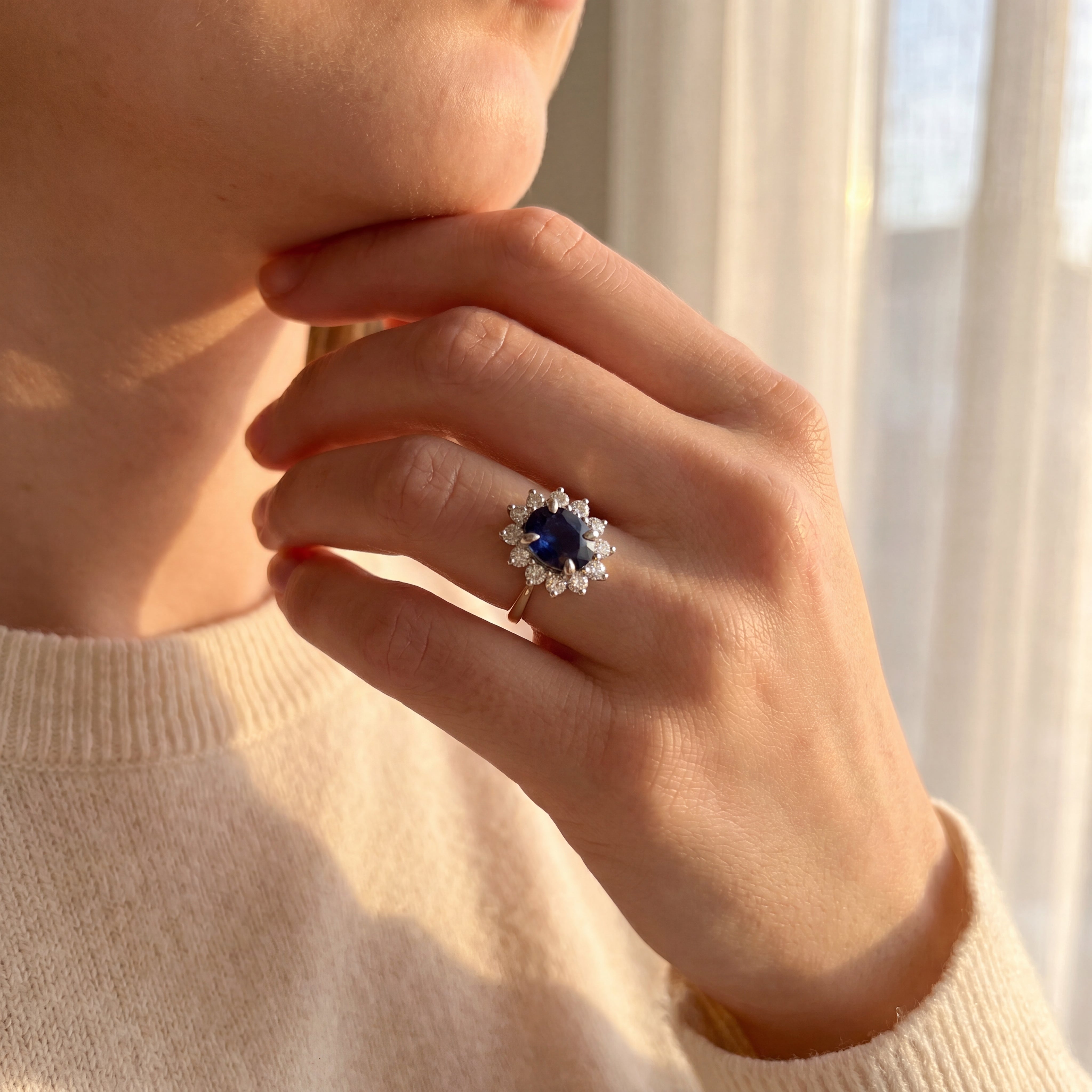 Darya - Yellow Gold Royal Blue Sapphire Halo Cocktail Ring