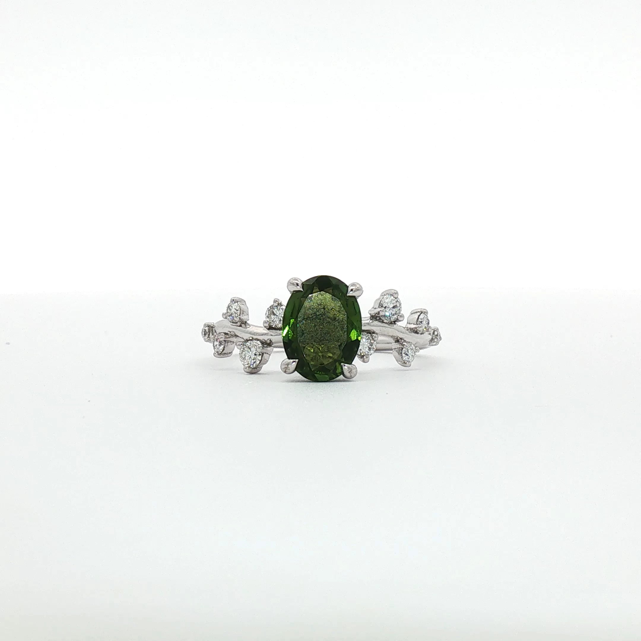 Clover - Green Tourmaline Branch Ring in White Gold